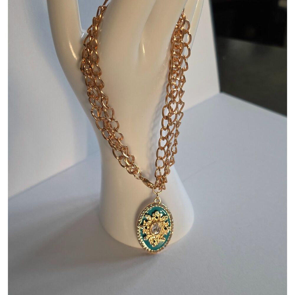 New Gold Tone Baroque Turquoise Oval Pendant Purse Chain Charm Triple Link